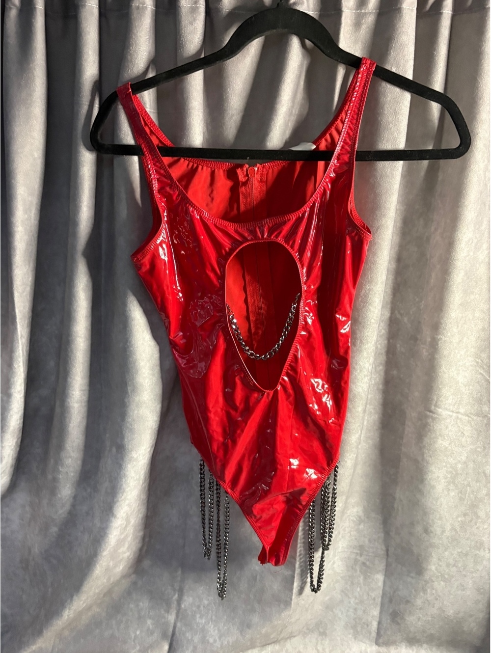 iHeartRaves Red Metallic Vinyl Rave Bodysuit Chain Cutout XS S Festival Costume